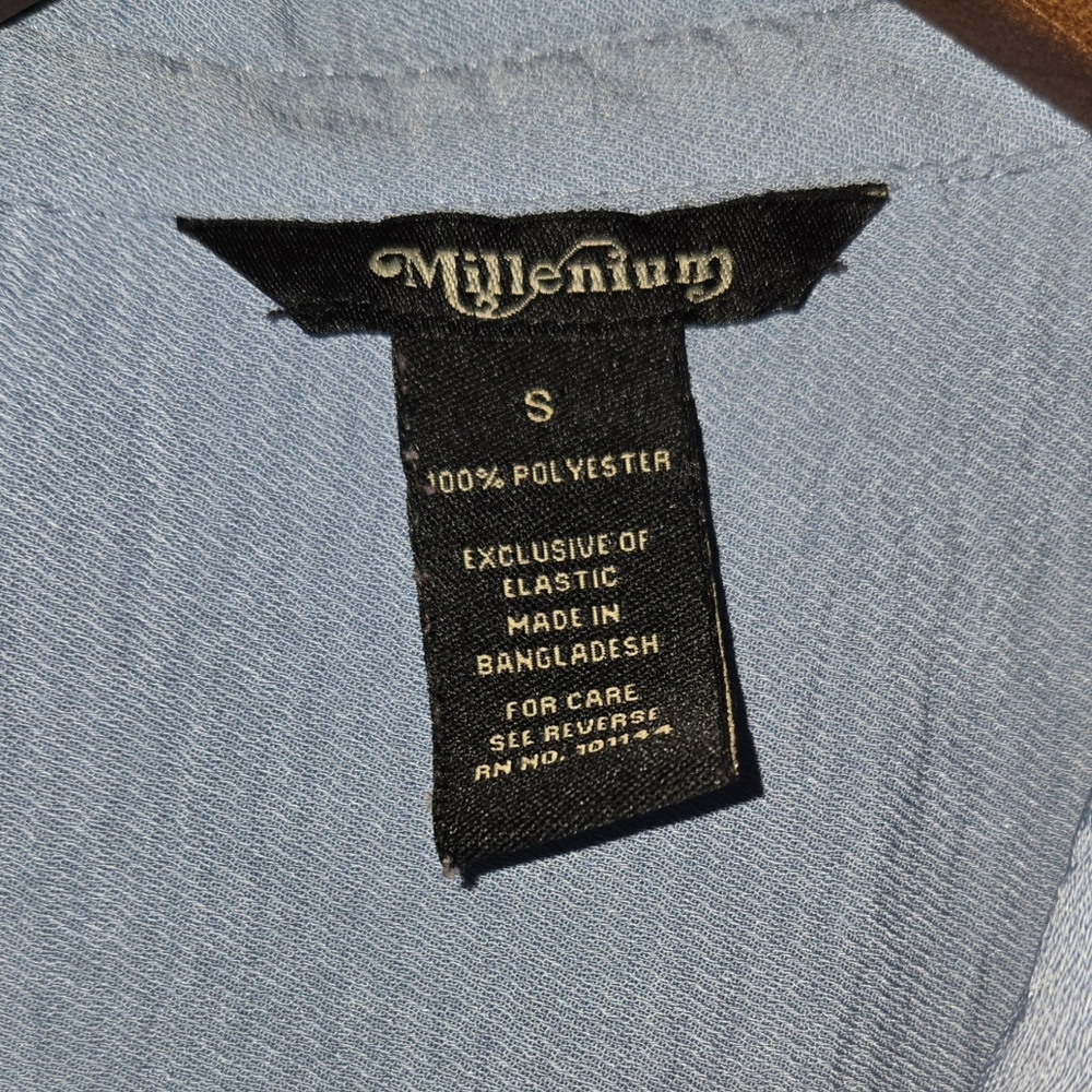 Millennium Blue Midi Length Button Front Elastic Waist Pockets Shirt Dress sz S - Picture 2 of 3